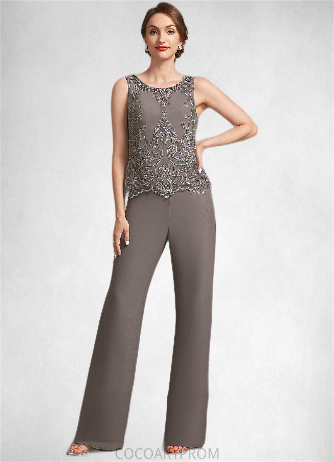 Clara Jumpsuit/Pantsuit Scoop Neck Floor-Length Chiffon Lace Mother of the Bride Dress With Beading Sequins DA8126P0014585