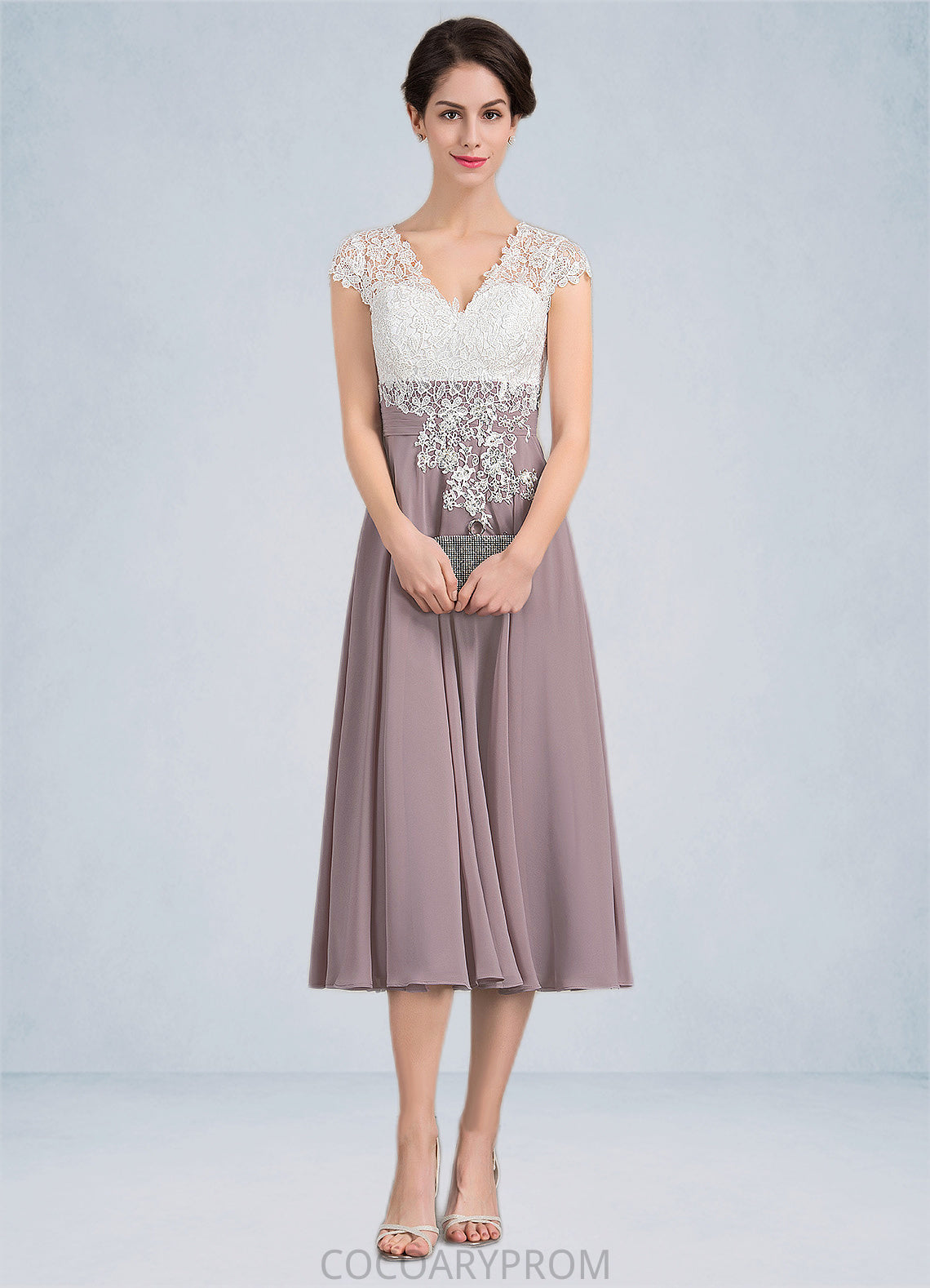 Aimee A-Line V-neck Tea-Length Chiffon Lace Mother of the Bride Dress DA8126P0014588