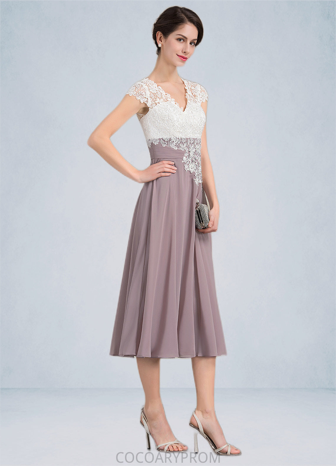 Aimee A-Line V-neck Tea-Length Chiffon Lace Mother of the Bride Dress DA8126P0014588