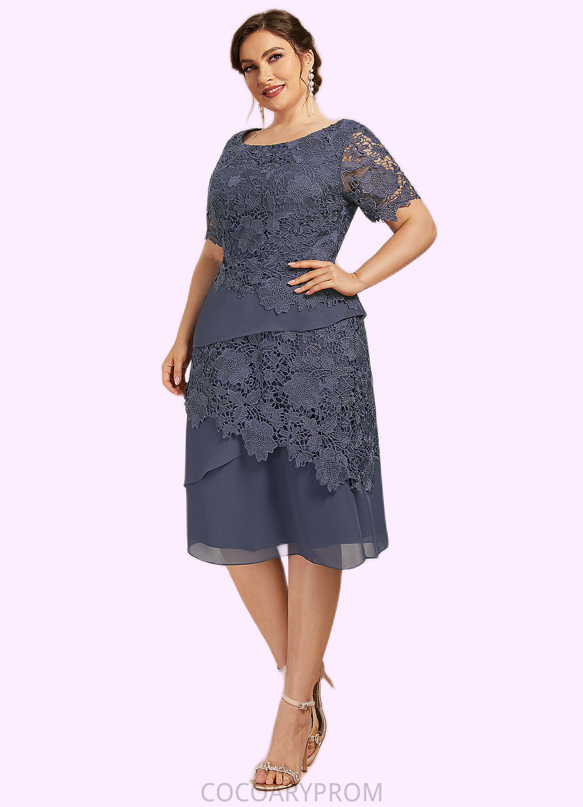 Nylah Sheath/Column Scoop Neck Knee-Length Chiffon Lace Mother of the Bride Dress DA8126P0014591