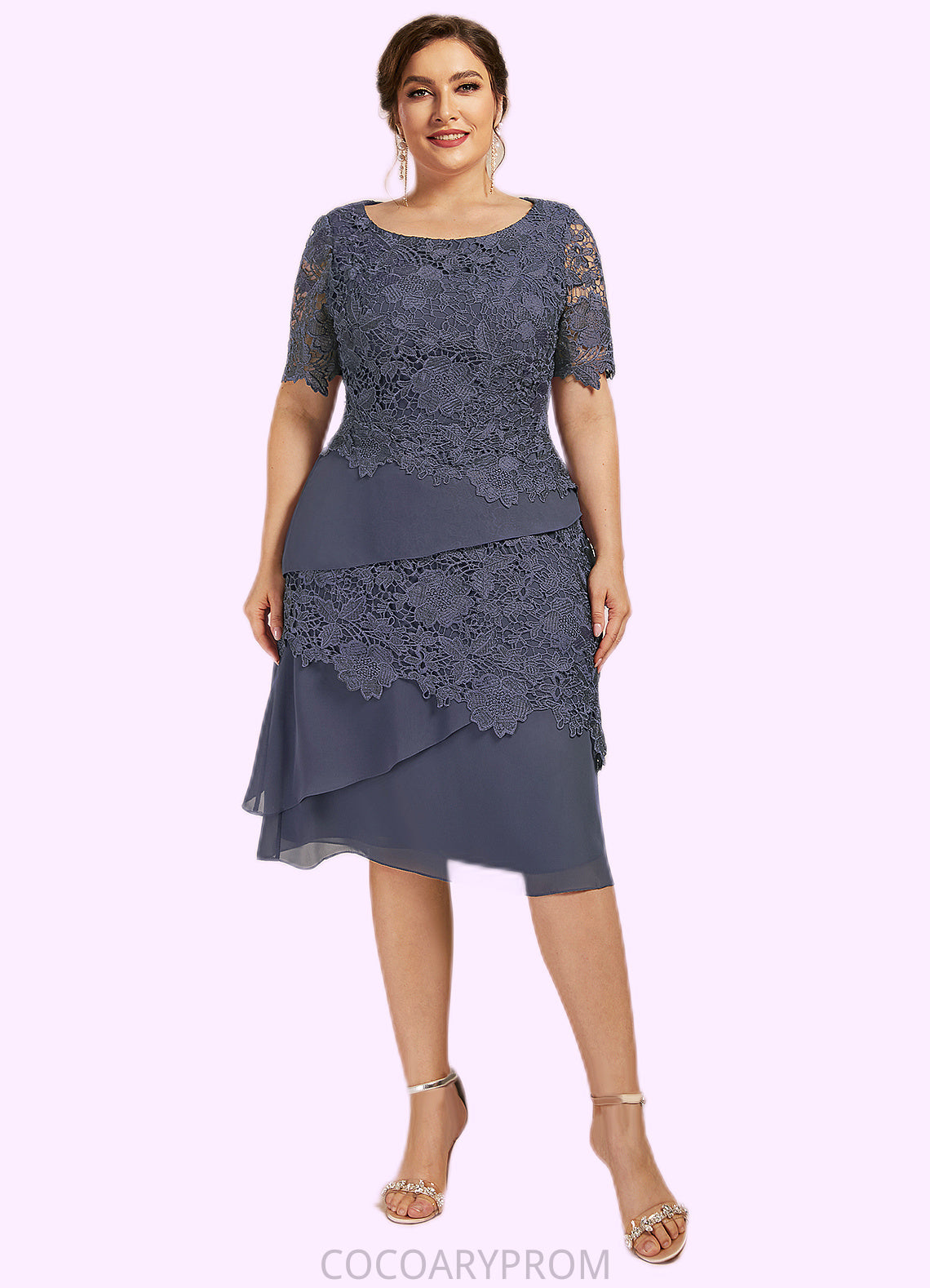 Nylah Sheath/Column Scoop Neck Knee-Length Chiffon Lace Mother of the Bride Dress DA8126P0014591