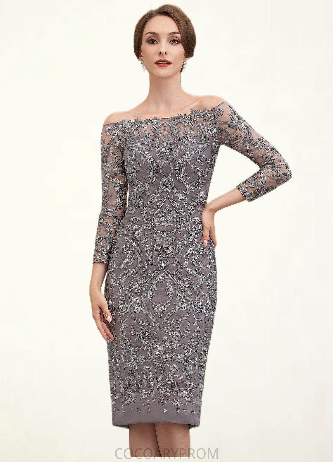 Azaria Sheath/Column Off-the-Shoulder Knee-Length Lace Mother of the Bride Dress DA8126P0014595