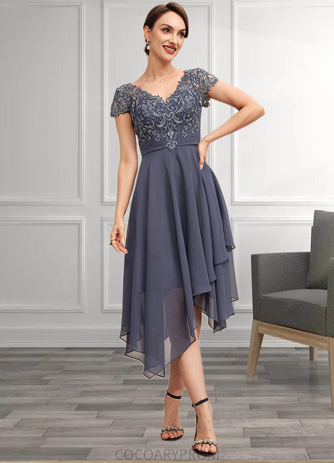 Averie A-Line V-neck Asymmetrical Chiffon Lace Mother of the Bride Dress With Ruffle DA8126P0014596