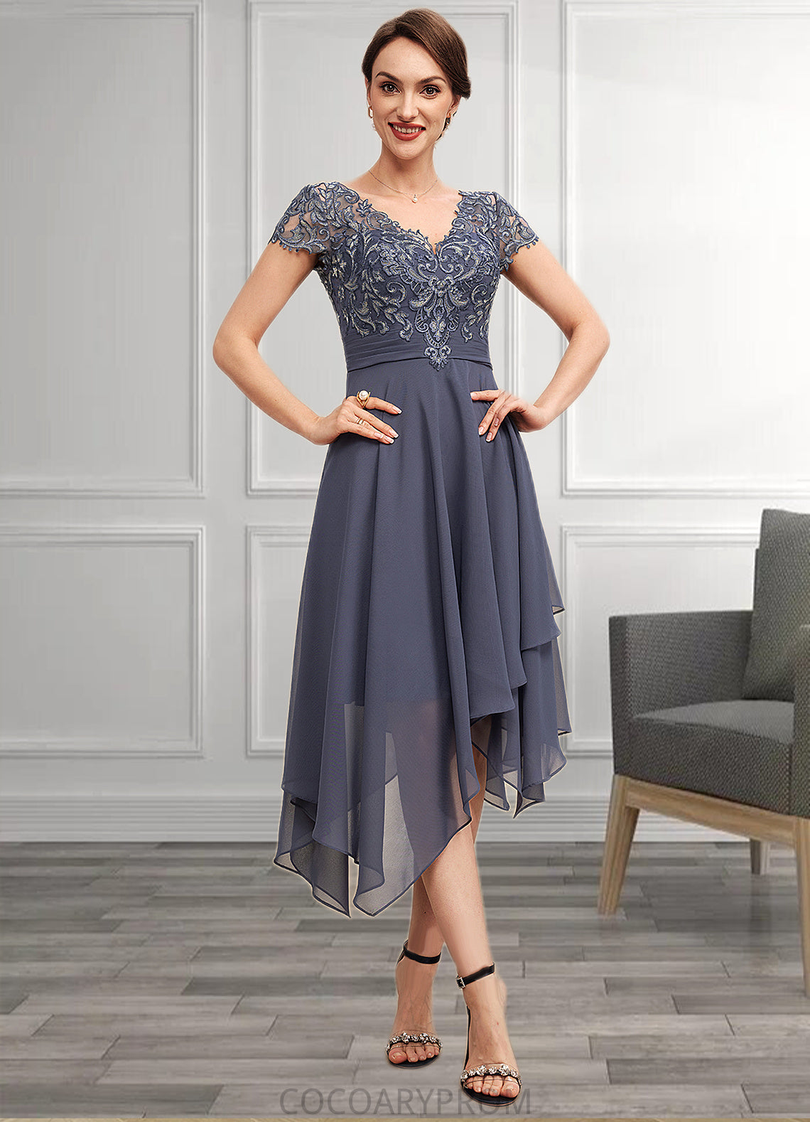 Averie A-Line V-neck Asymmetrical Chiffon Lace Mother of the Bride Dress With Ruffle DA8126P0014596