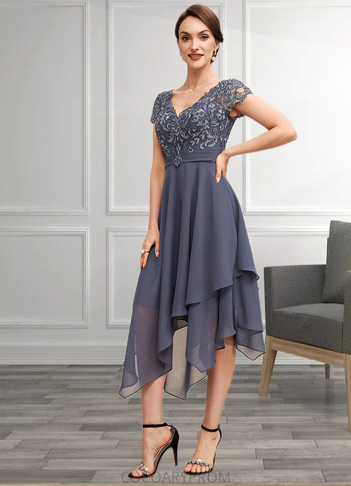 Averie A-Line V-neck Asymmetrical Chiffon Lace Mother of the Bride Dress With Ruffle DA8126P0014596