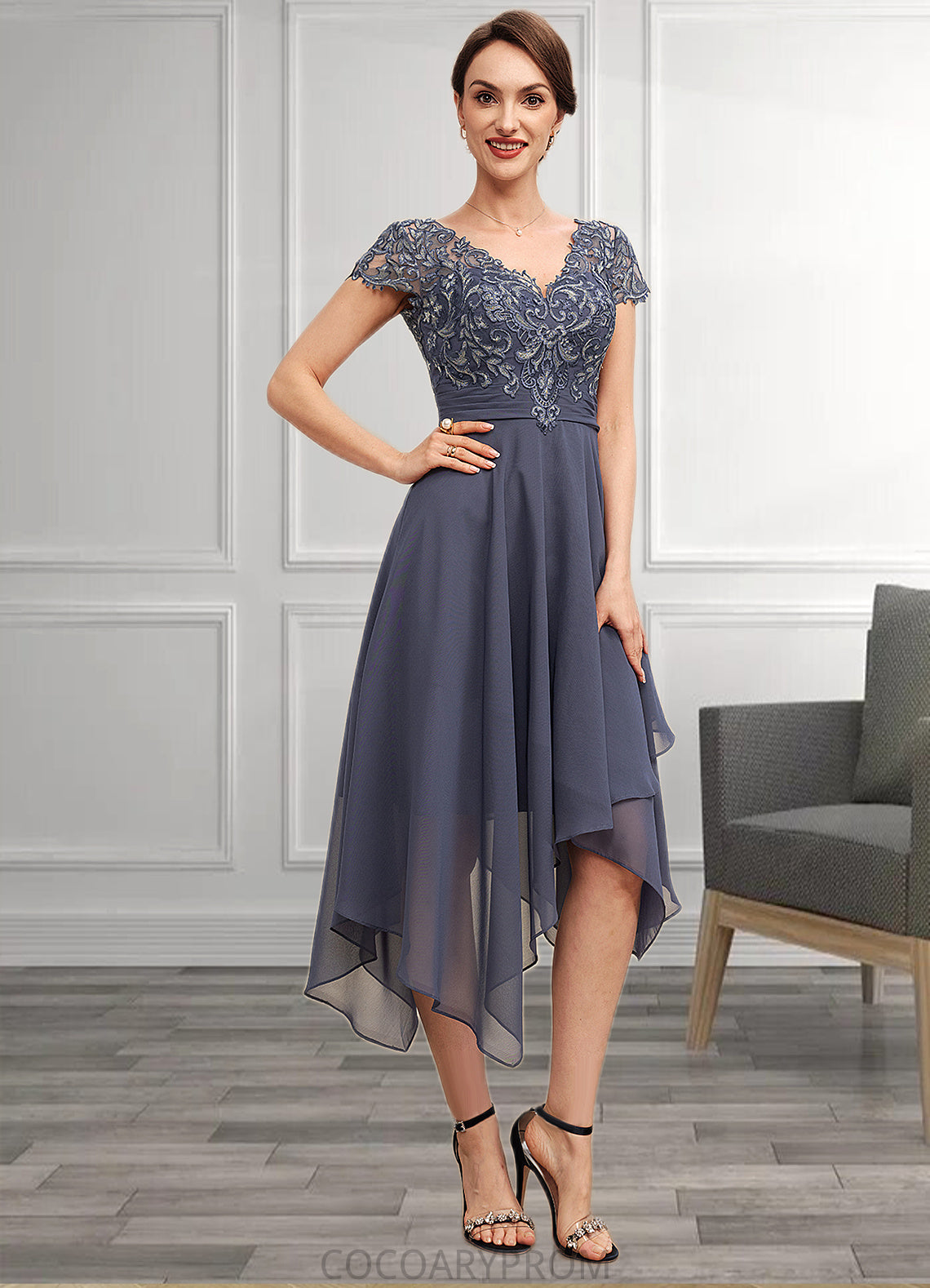 Averie A-Line V-neck Asymmetrical Chiffon Lace Mother of the Bride Dress With Ruffle DA8126P0014596