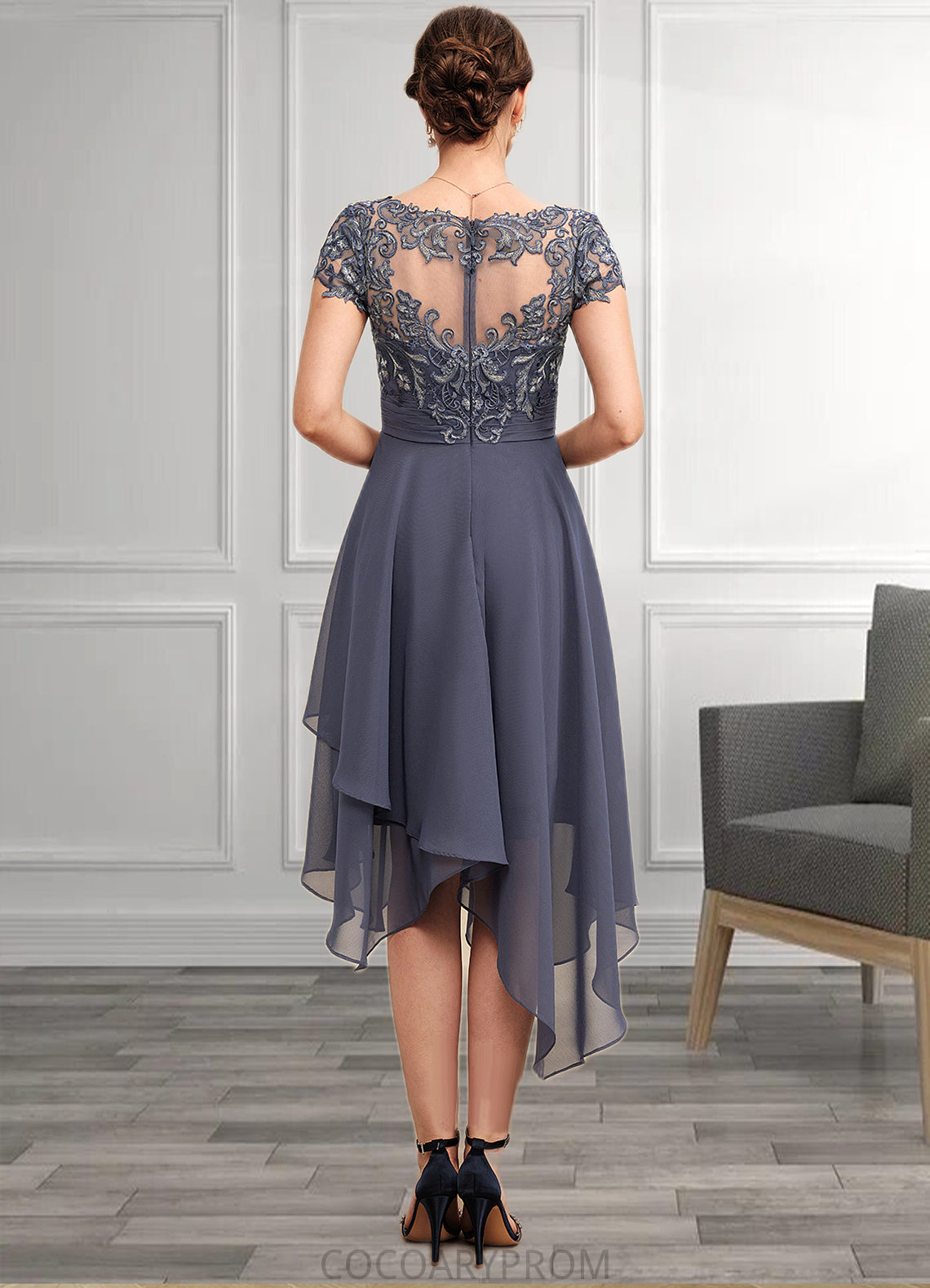 Averie A-Line V-neck Asymmetrical Chiffon Lace Mother of the Bride Dress With Ruffle DA8126P0014596