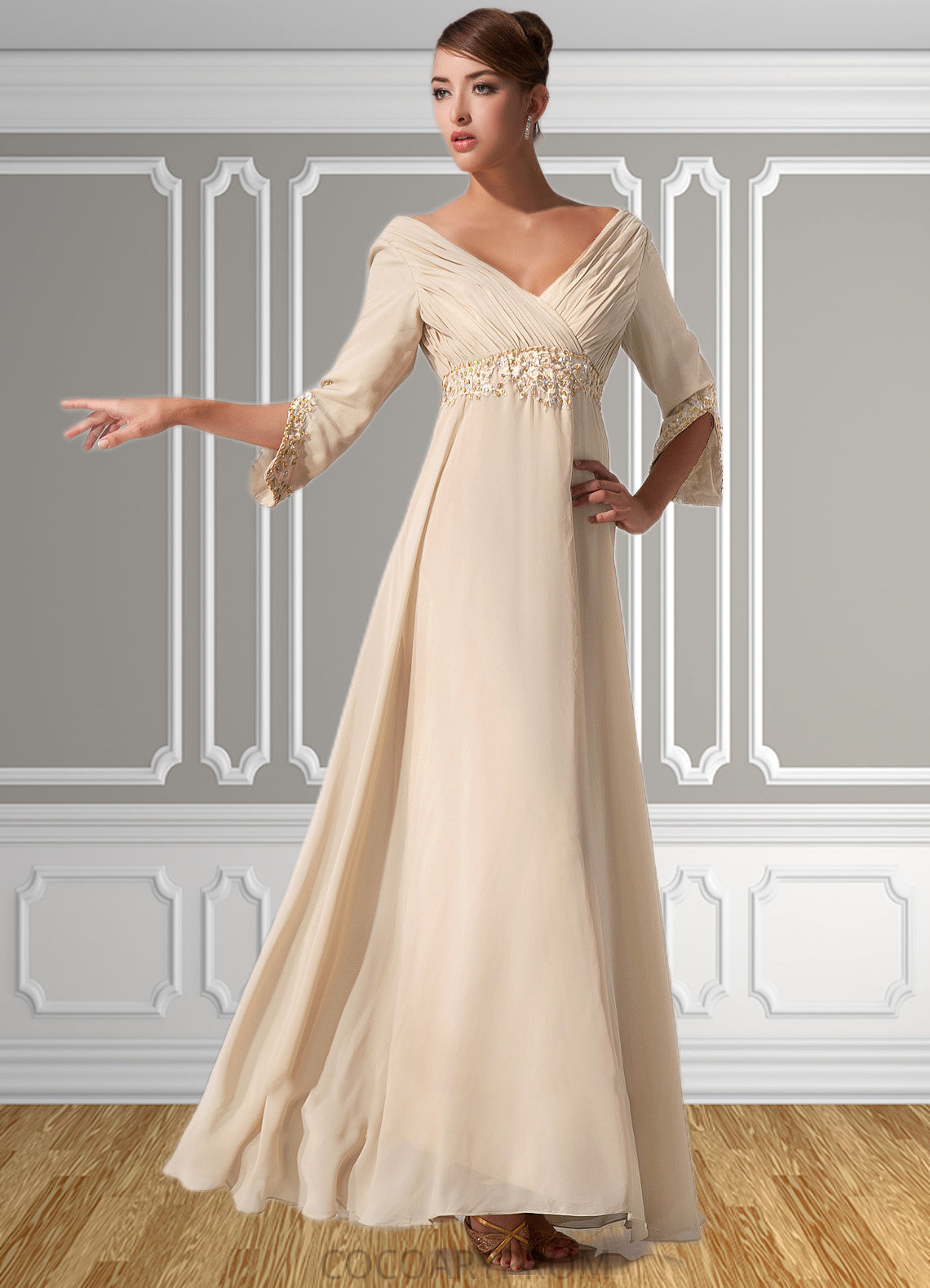 Summer Empire V-neck Floor-Length Chiffon Mother of the Bride Dress With Ruffle Beading DA8126P0014597