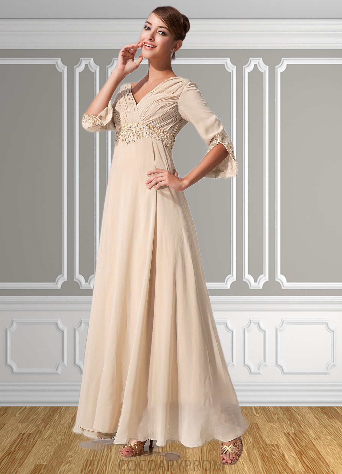 Summer Empire V-neck Floor-Length Chiffon Mother of the Bride Dress With Ruffle Beading DA8126P0014597