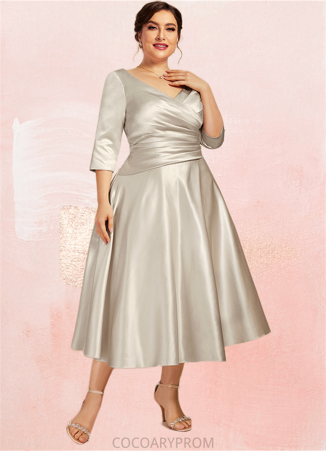 Lola A-Line V-neck Tea-Length Satin Mother of the Bride Dress With Ruffle DA8126P0014598