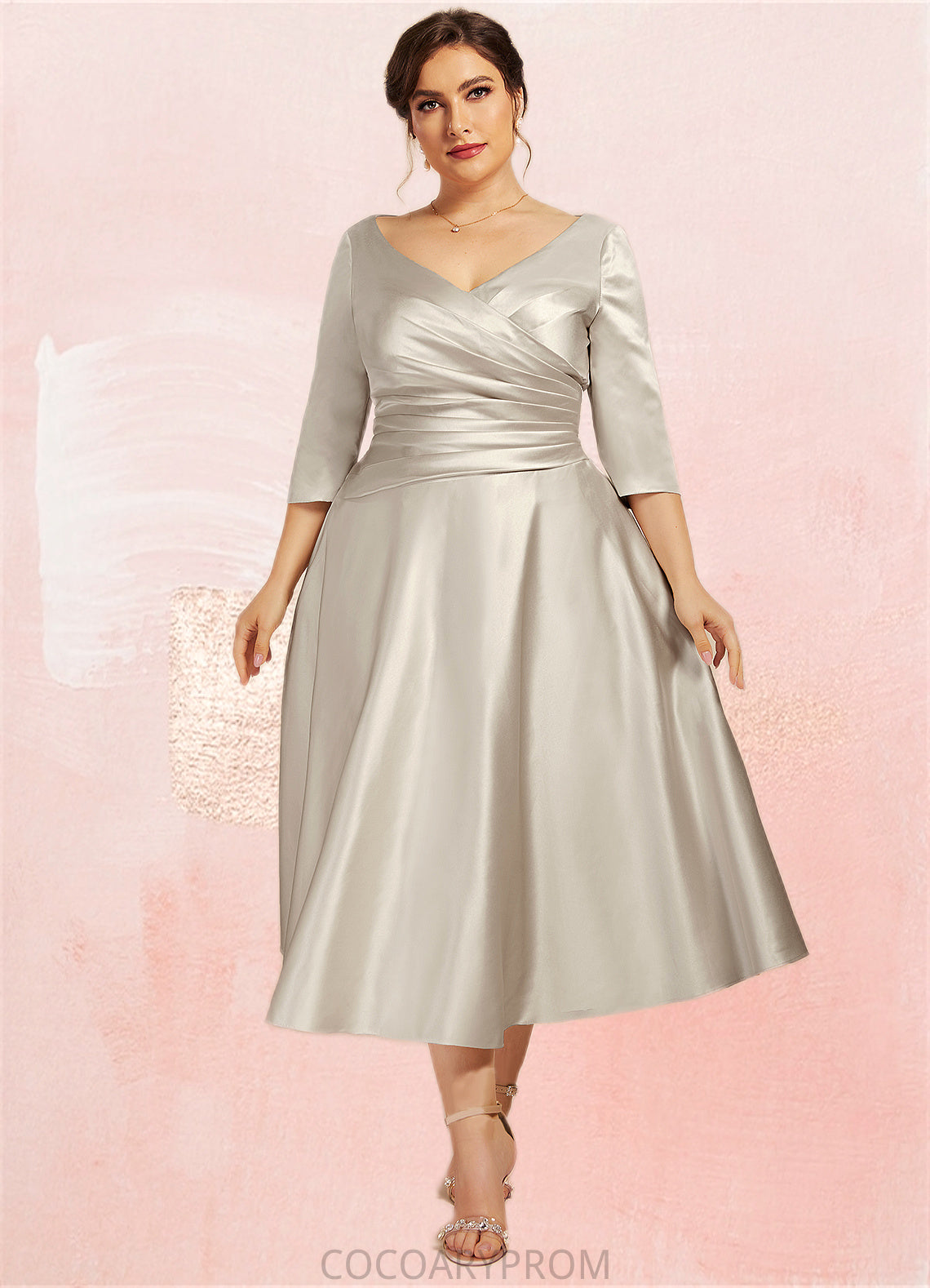 Lola A-Line V-neck Tea-Length Satin Mother of the Bride Dress With Ruffle DA8126P0014598