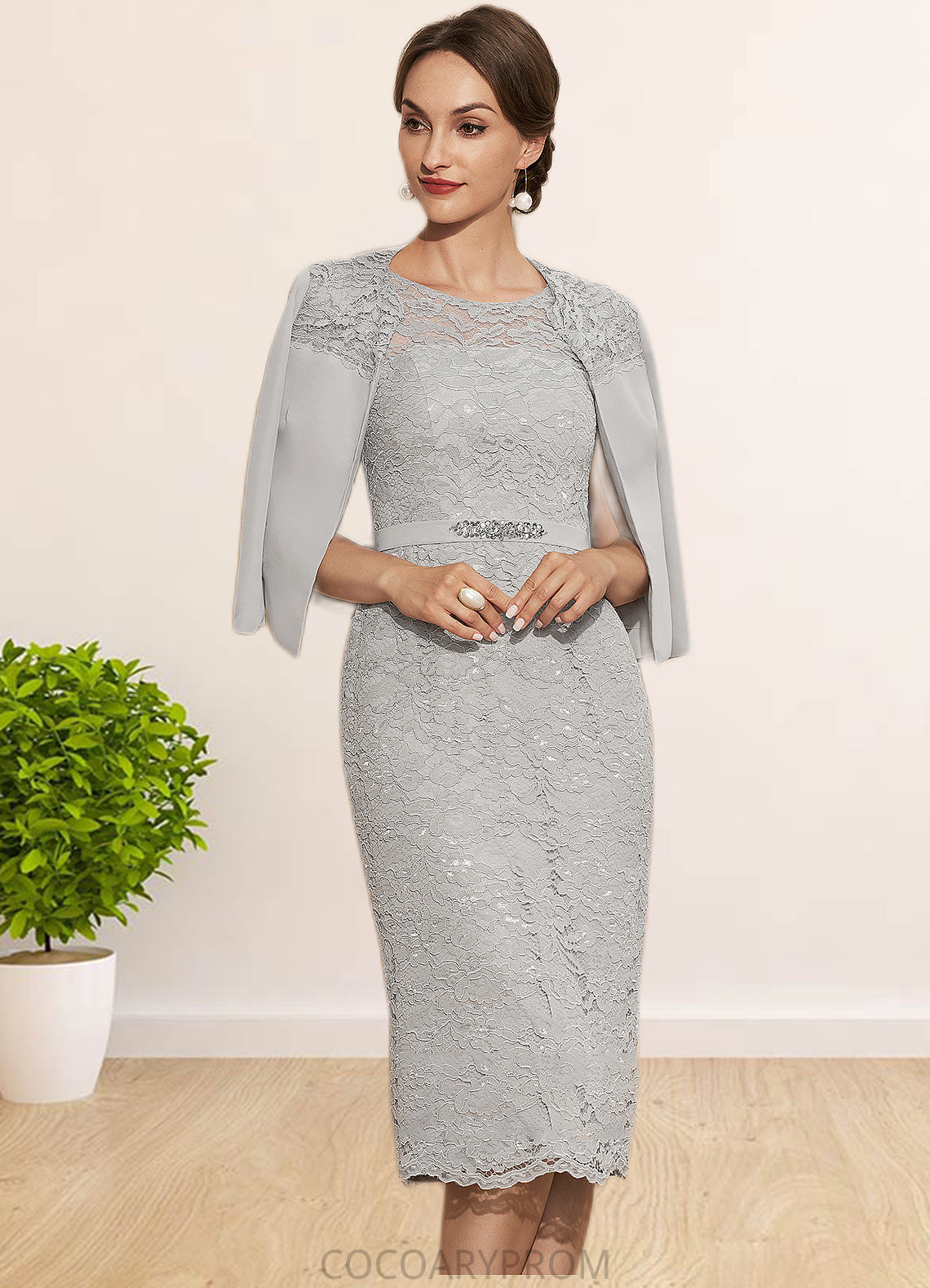 Clare Sheath/Column Scoop Neck Knee-Length Chiffon Lace Mother of the Bride Dress With Beading DA8126P0014605