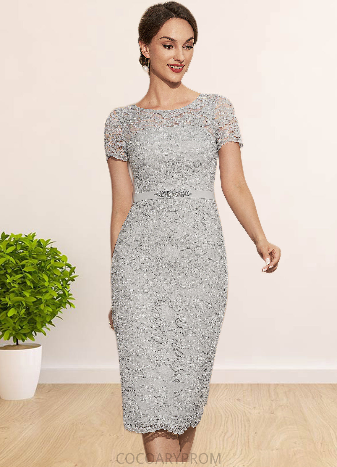 Clare Sheath/Column Scoop Neck Knee-Length Chiffon Lace Mother of the Bride Dress With Beading DA8126P0014605