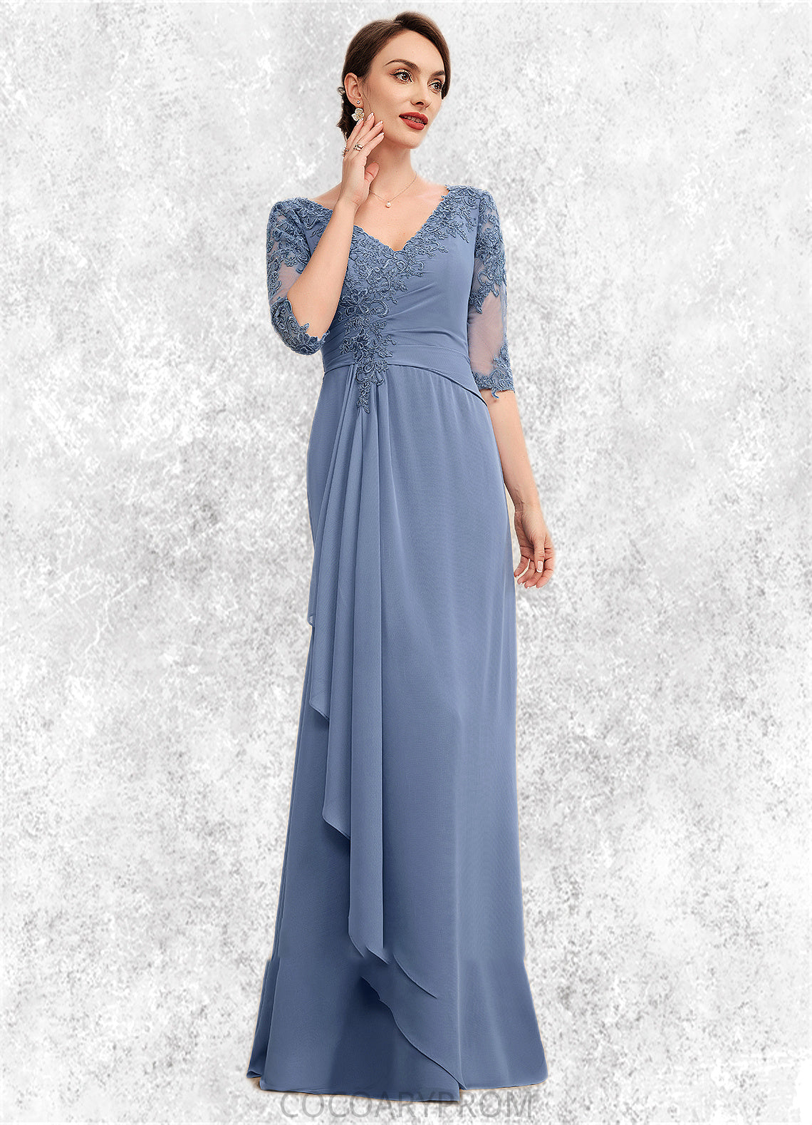 Esme A-Line V-neck Floor-Length Chiffon Lace Mother of the Bride Dress With Cascading Ruffles DA8126P0014609