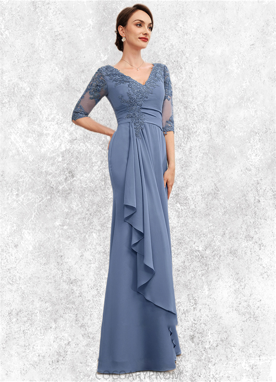 Esme A-Line V-neck Floor-Length Chiffon Lace Mother of the Bride Dress With Cascading Ruffles DA8126P0014609