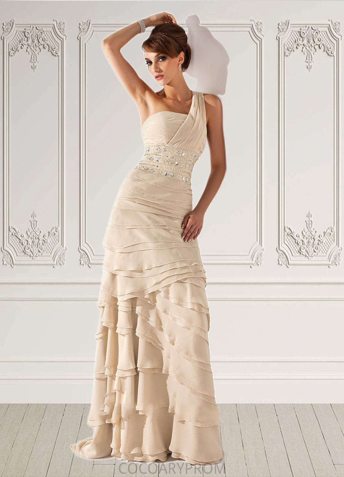 Jocelyn A-Line One-Shoulder Sweep Train Chiffon Mother of the Bride Dress With Beading Cascading Ruffles DA8126P0014610