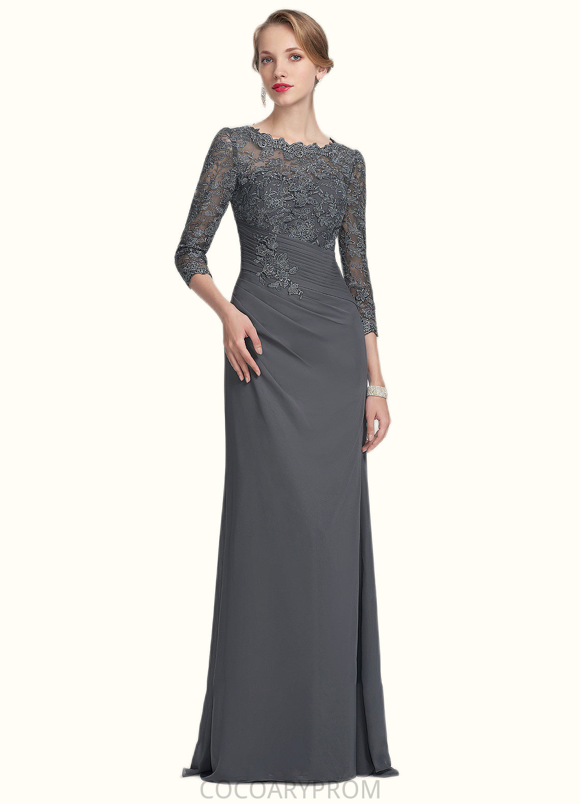 Brooklyn Sheath/Column Scoop Neck Floor-Length Chiffon Lace Mother of the Bride Dress With Ruffle DA8126P0014611