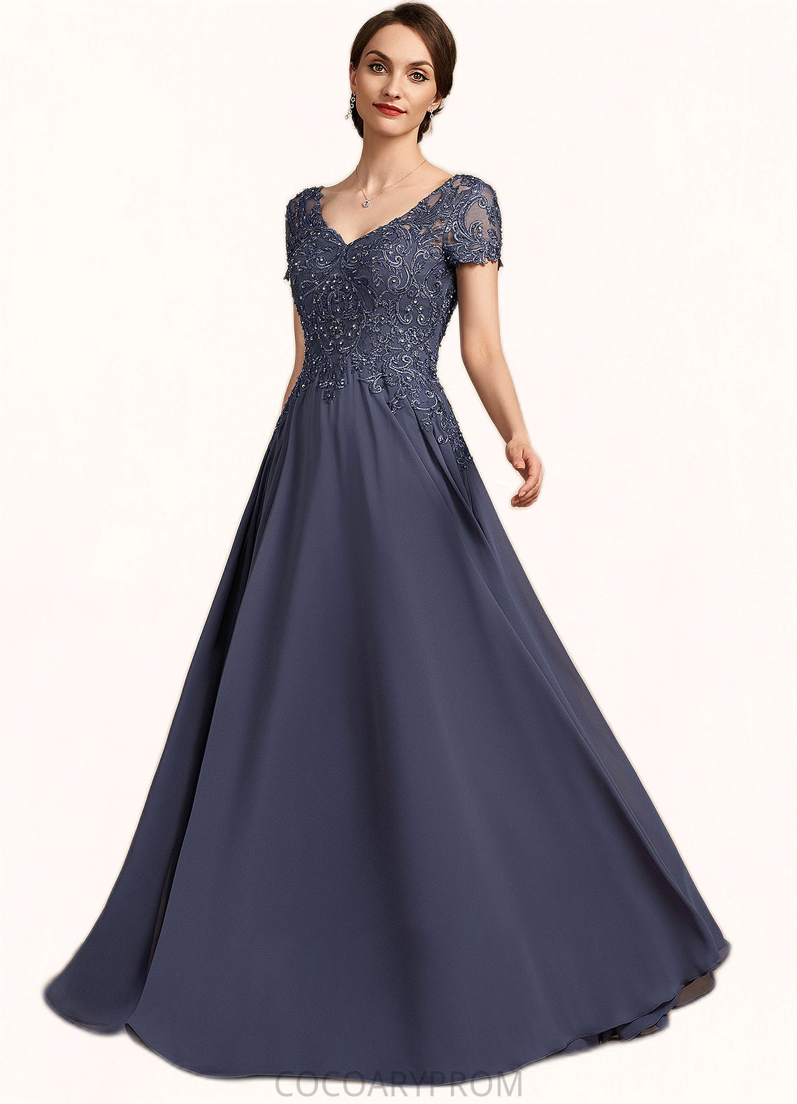 Angelina A-line V-Neck Floor-Length Chiffon Lace Mother of the Bride Dress With Beading Sequins DA8126P0014614