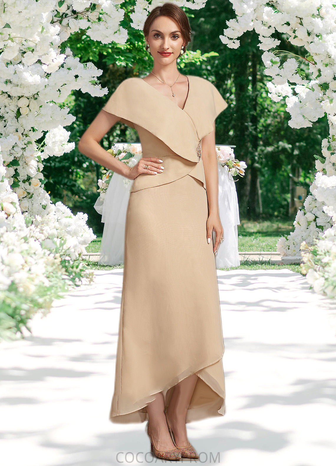 Riley A-line V-Neck Asymmetrical Chiffon Mother of the Bride Dress With Beading Sequins DA8126P0014615