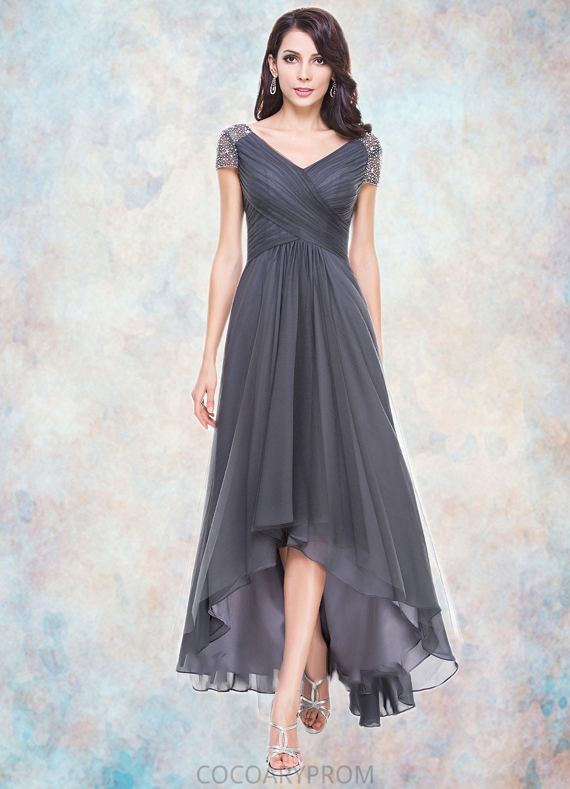 Lilianna A-Line V-neck Asymmetrical Tulle Mother of the Bride Dress With Ruffle Beading Sequins DA8126P0014620