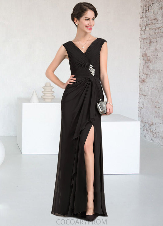 Sharon A-Line V-neck Floor-Length Chiffon Mother of the Bride Dress With Beading Split Front Cascading Ruffles DA8126P0014623