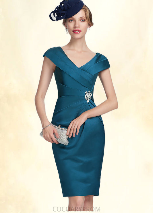 Paloma Sheath/Column V-neck Knee-Length Satin Mother of the Bride Dress With Ruffle Beading DA8126P0014631