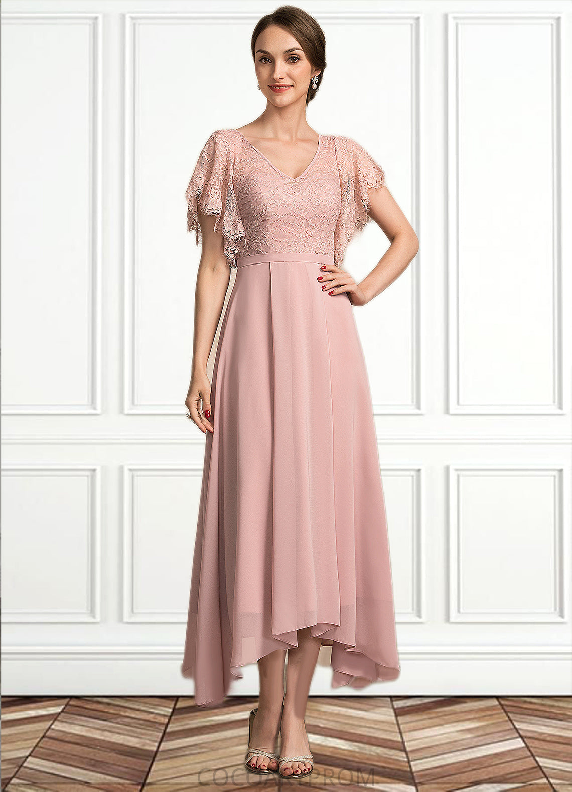 Hadassah A-line V-Neck Ankle-Length Chiffon Lace Mother of the Bride Dress DA8126P0014636