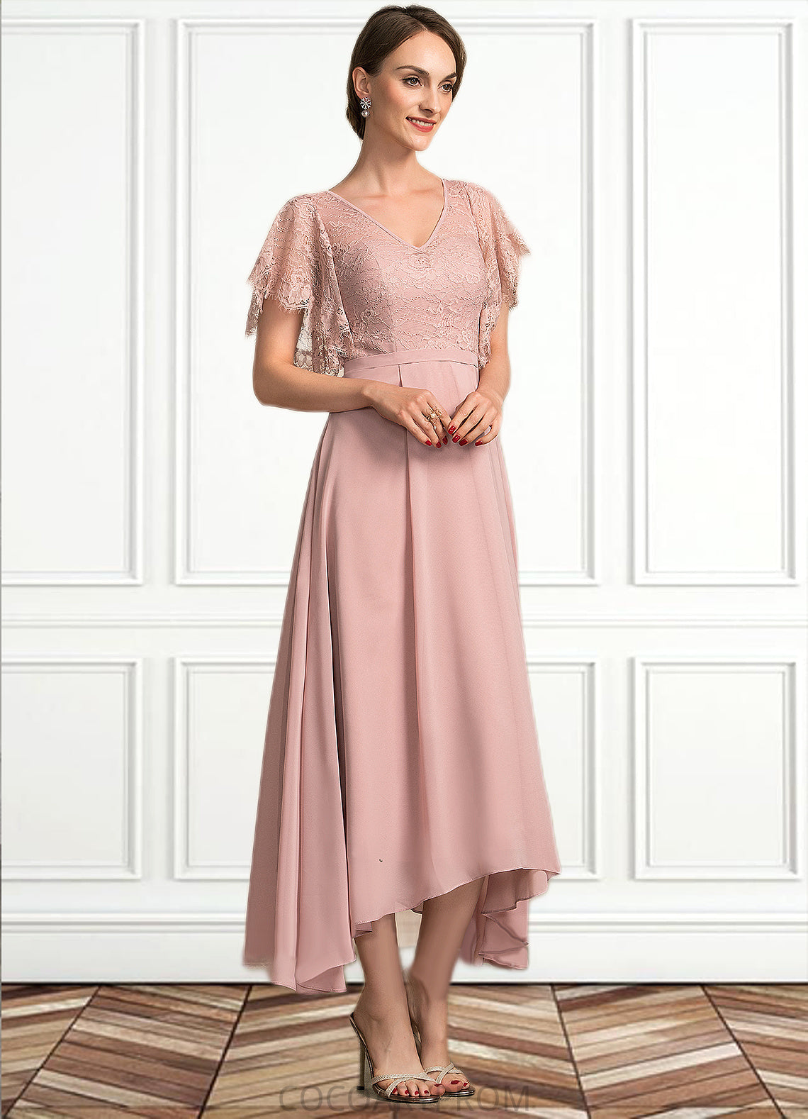 Hadassah A-line V-Neck Ankle-Length Chiffon Lace Mother of the Bride Dress DA8126P0014636