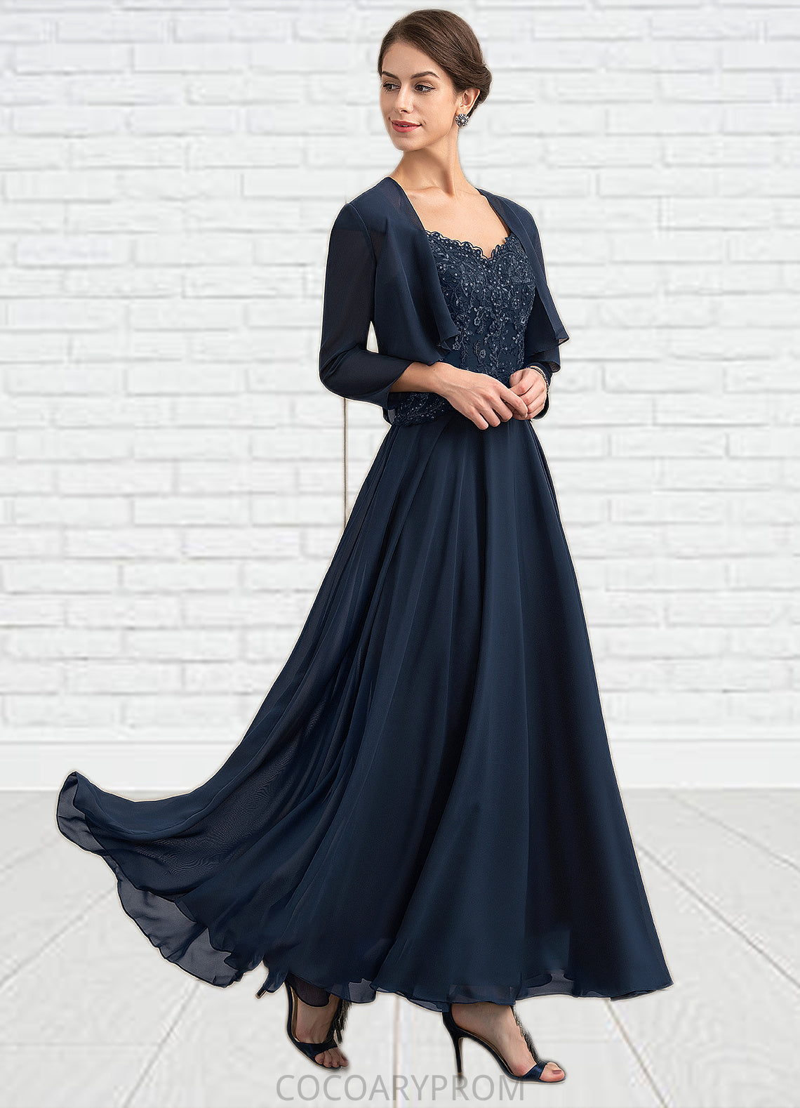 Payton A-line V-Neck Ankle-Length Chiffon Lace Mother of the Bride Dress With Sequins DA8126P0014637