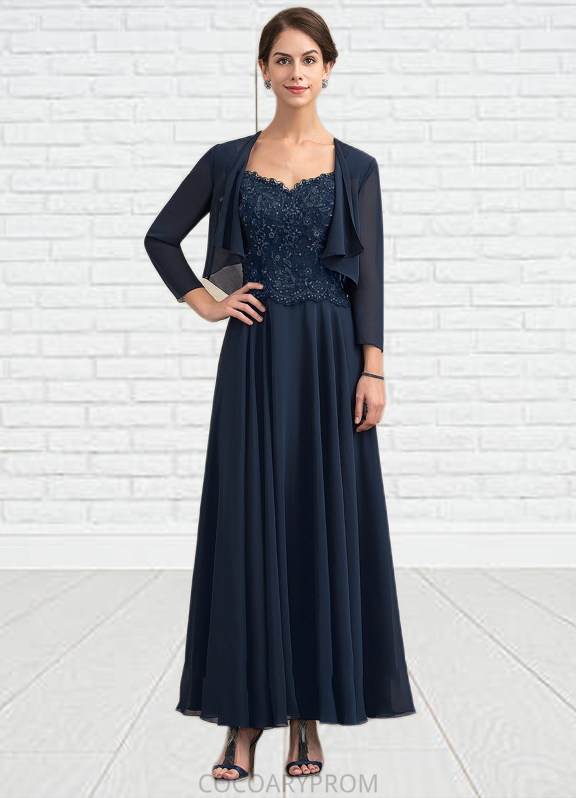 Payton A-line V-Neck Ankle-Length Chiffon Lace Mother of the Bride Dress With Sequins DA8126P0014637