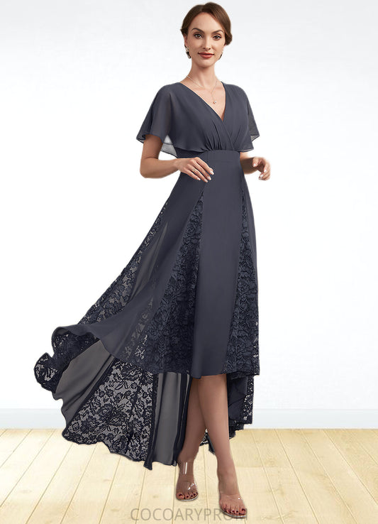 Mila A-Line V-neck Asymmetrical Chiffon Lace Mother of the Bride Dress With Ruffle DA8126P0014638