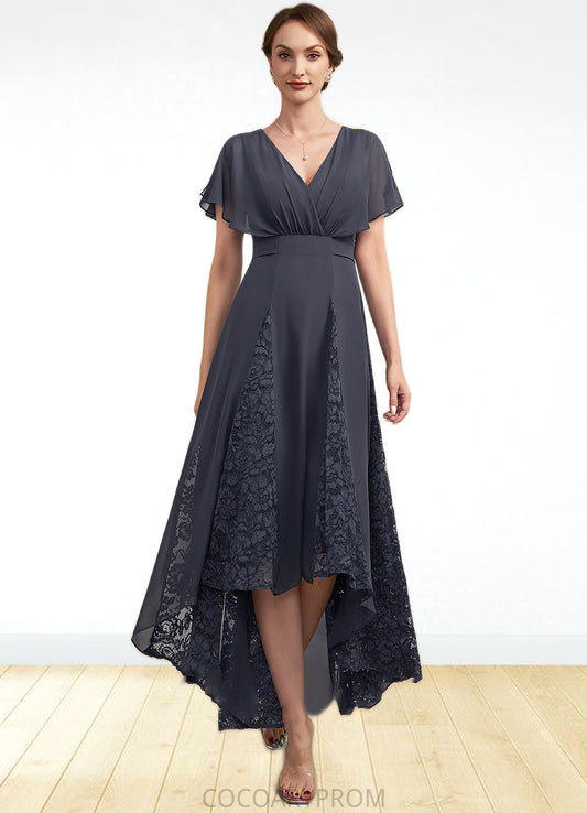 Mila A-Line V-neck Asymmetrical Chiffon Lace Mother of the Bride Dress With Ruffle DA8126P0014638