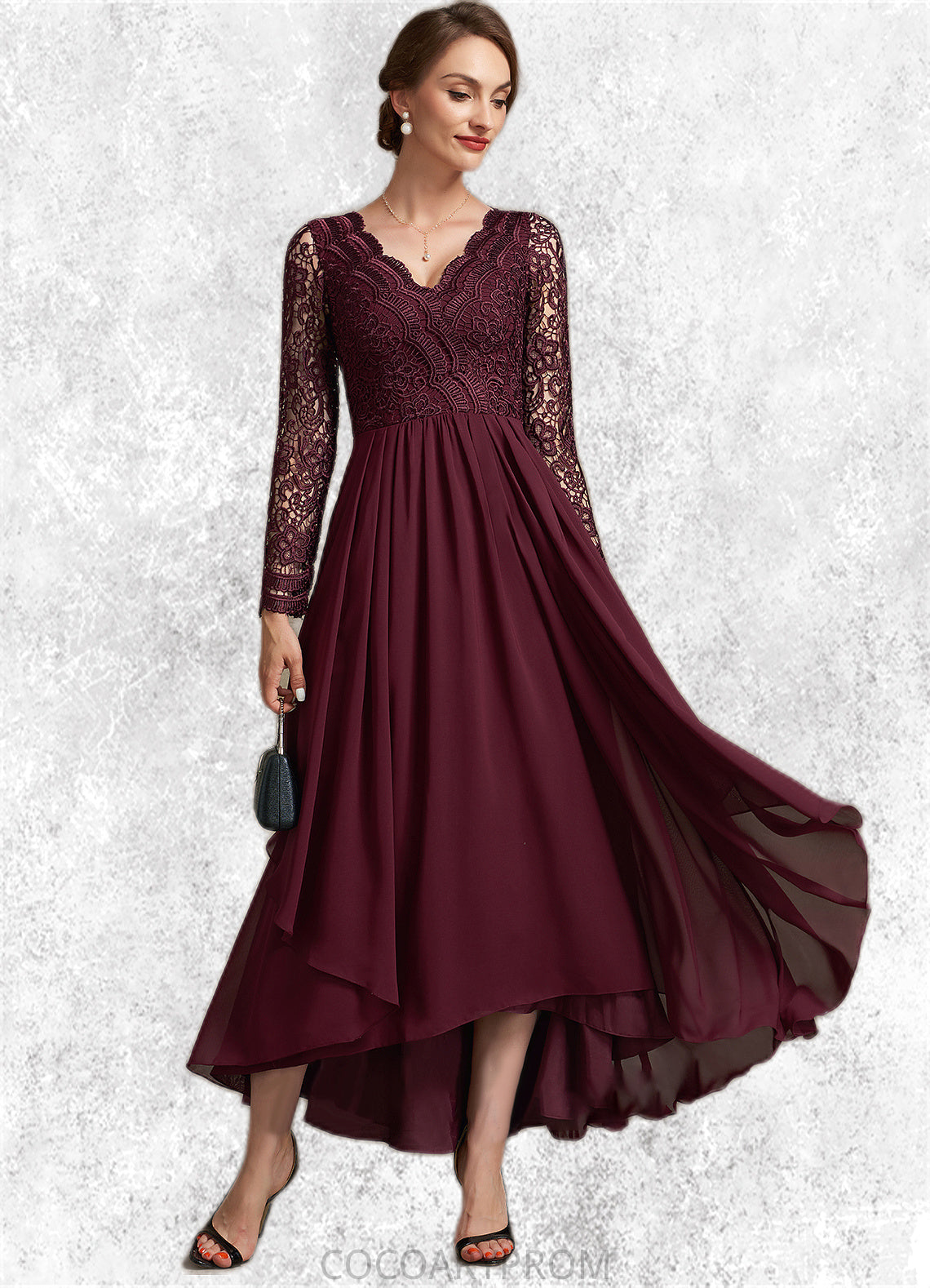 Joan A-line V-Neck Asymmetrical Chiffon Lace Mother of the Bride Dress DA8126P0014640