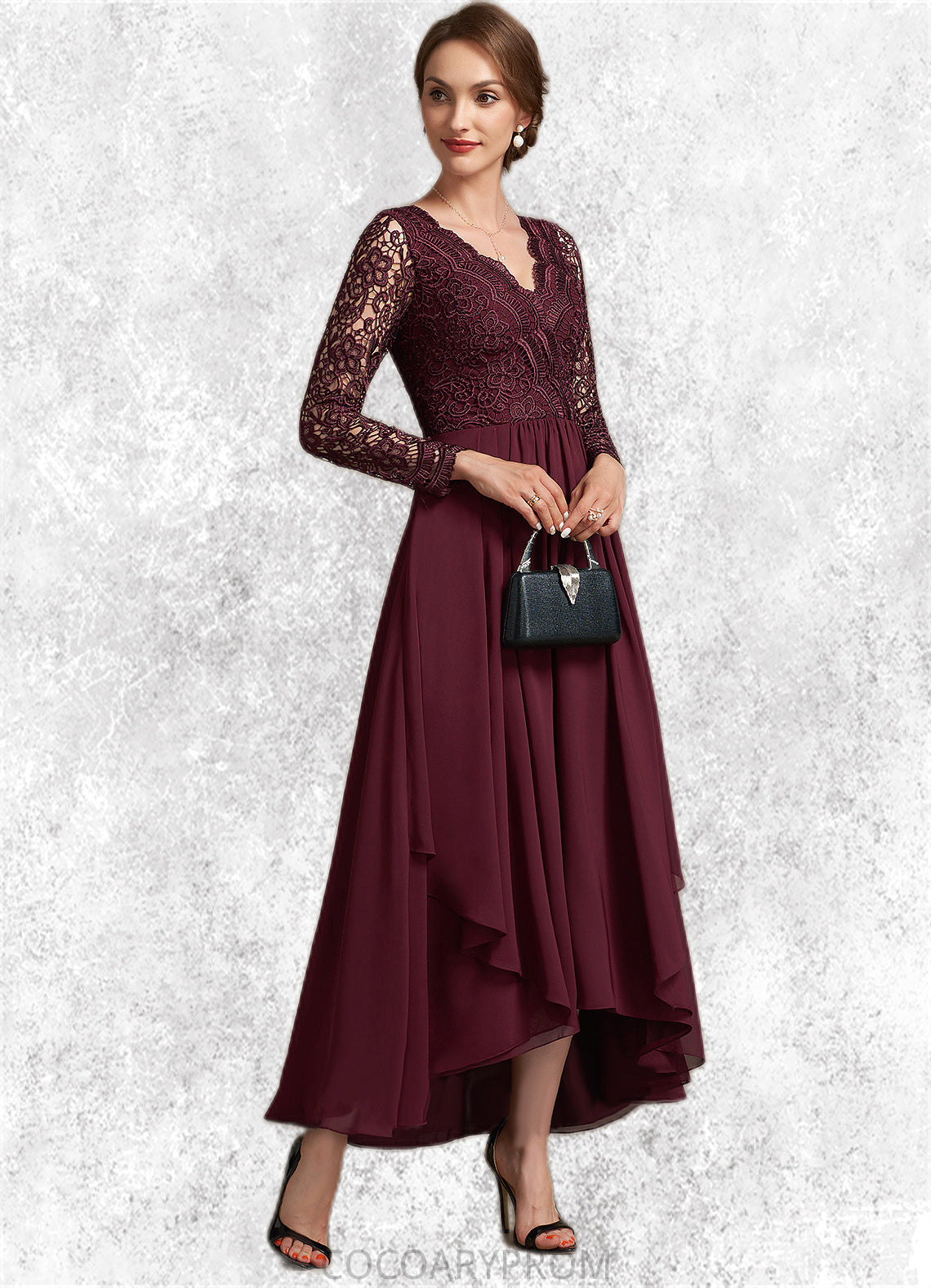 Joan A-line V-Neck Asymmetrical Chiffon Lace Mother of the Bride Dress DA8126P0014640