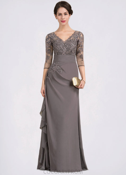 Mariana A-line V-Neck Floor-Length Chiffon Lace Mother of the Bride Dress With Cascading Ruffles DA8126P0014645