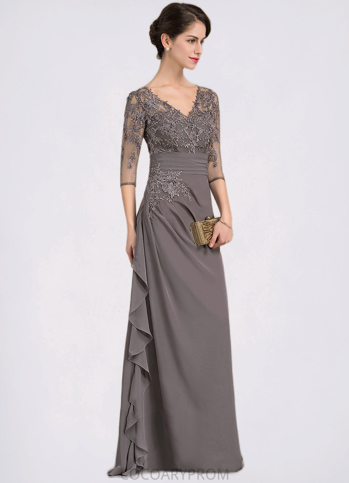 Mariana A-line V-Neck Floor-Length Chiffon Lace Mother of the Bride Dress With Cascading Ruffles DA8126P0014645