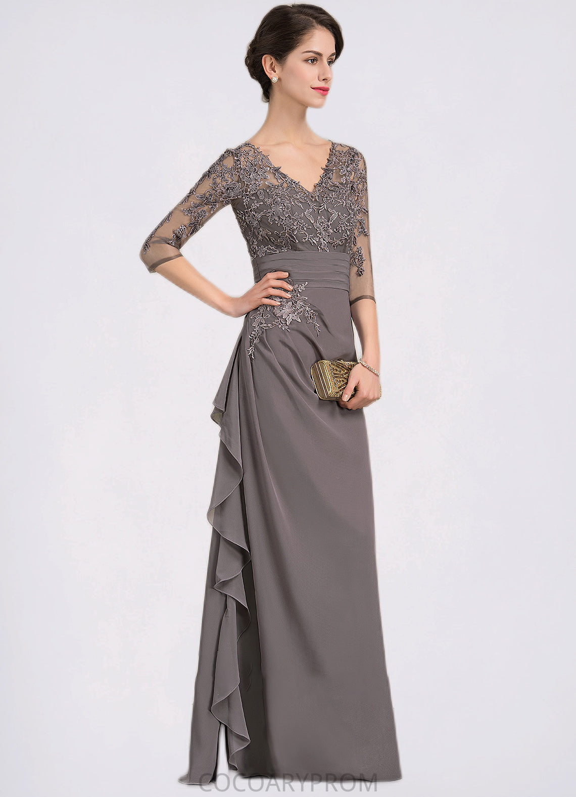 Mariana A-line V-Neck Floor-Length Chiffon Lace Mother of the Bride Dress With Cascading Ruffles DA8126P0014645