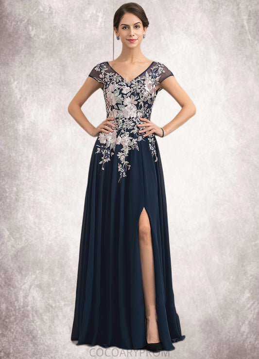 Sarah A-Line V-neck Floor-Length Chiffon Lace Mother of the Bride Dress With Split Front DA8126P0014649