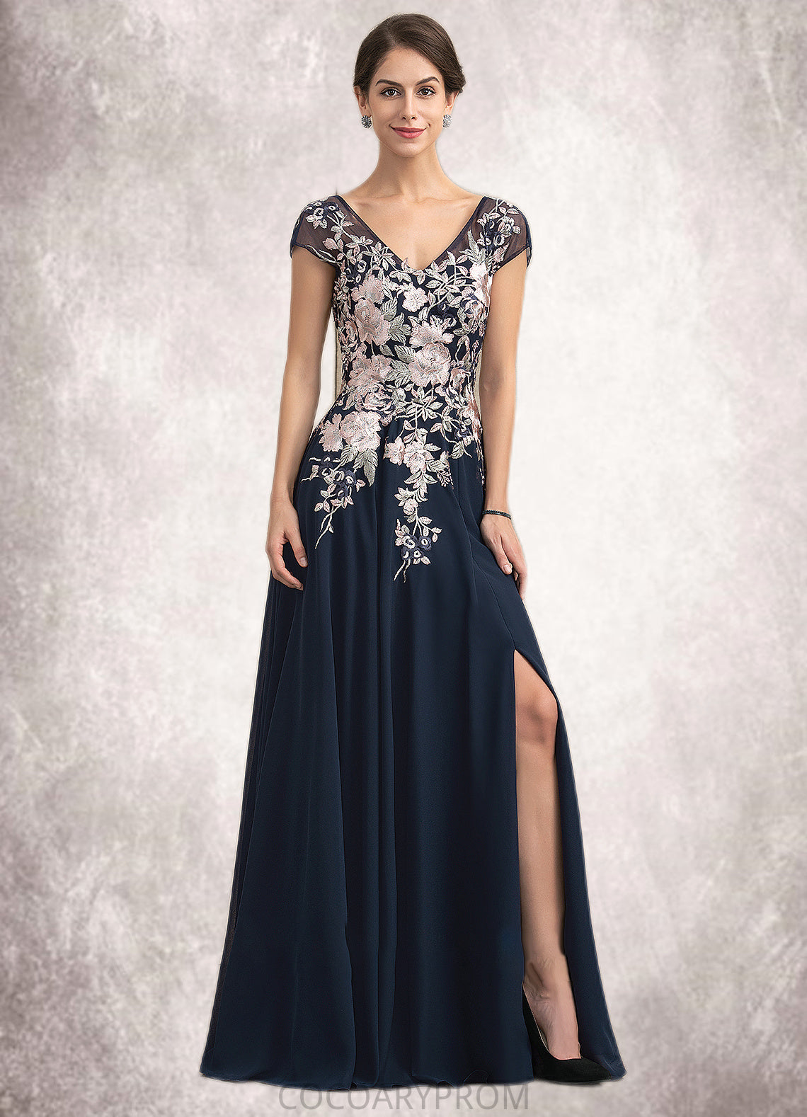 Sarah A-Line V-neck Floor-Length Chiffon Lace Mother of the Bride Dress With Split Front DA8126P0014649