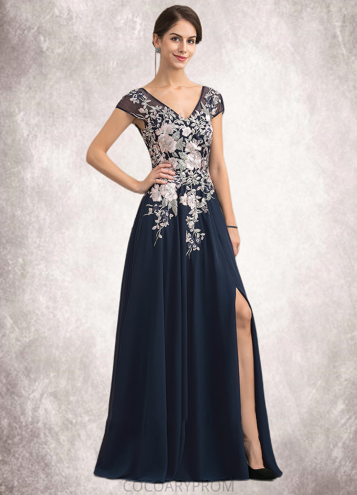 Sarah A-Line V-neck Floor-Length Chiffon Lace Mother of the Bride Dress With Split Front DA8126P0014649