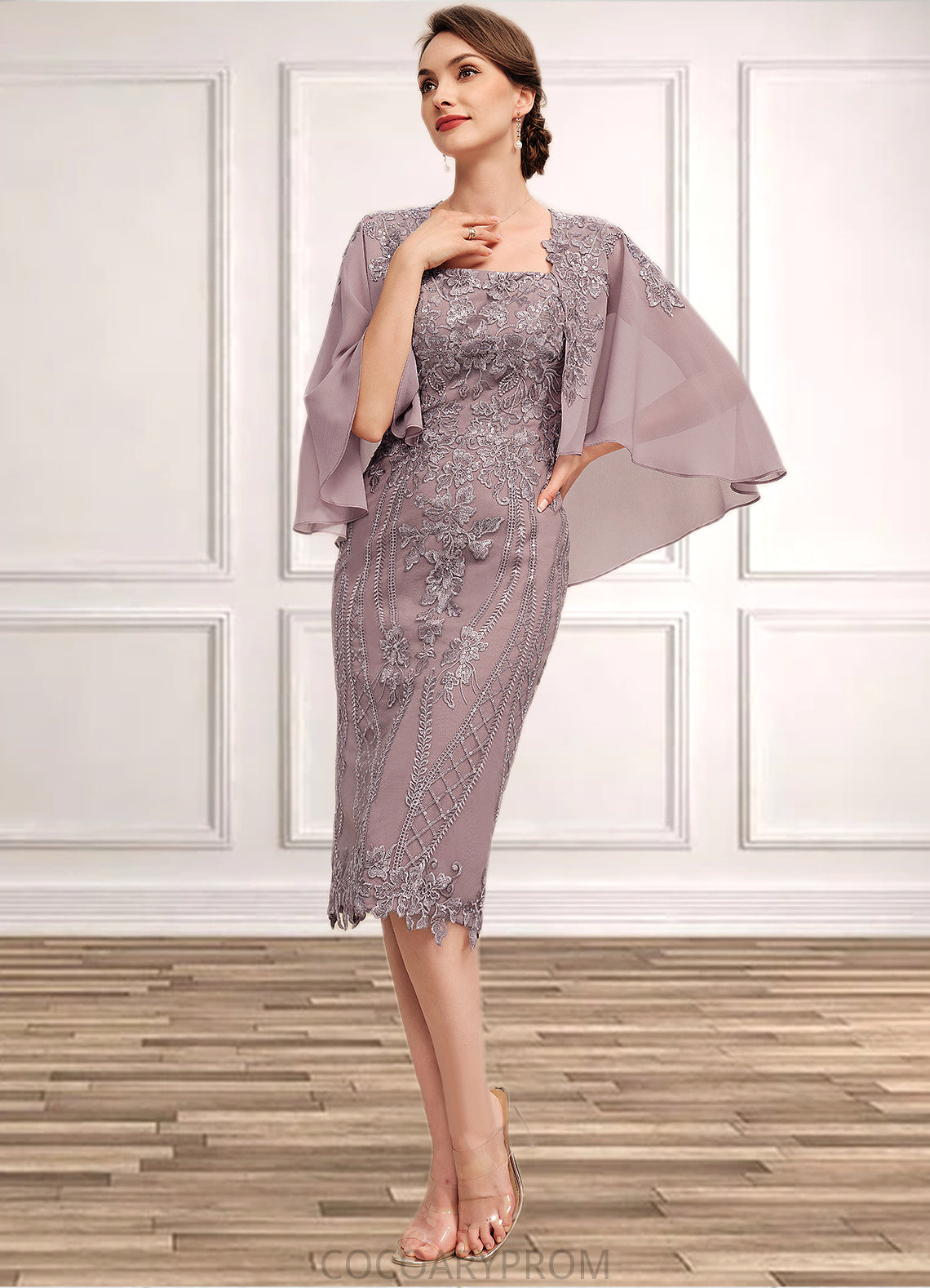 Kate Sheath/Column Square Neckline Knee-Length Chiffon Lace Mother of the Bride Dress With Sequins DA8126P0014653