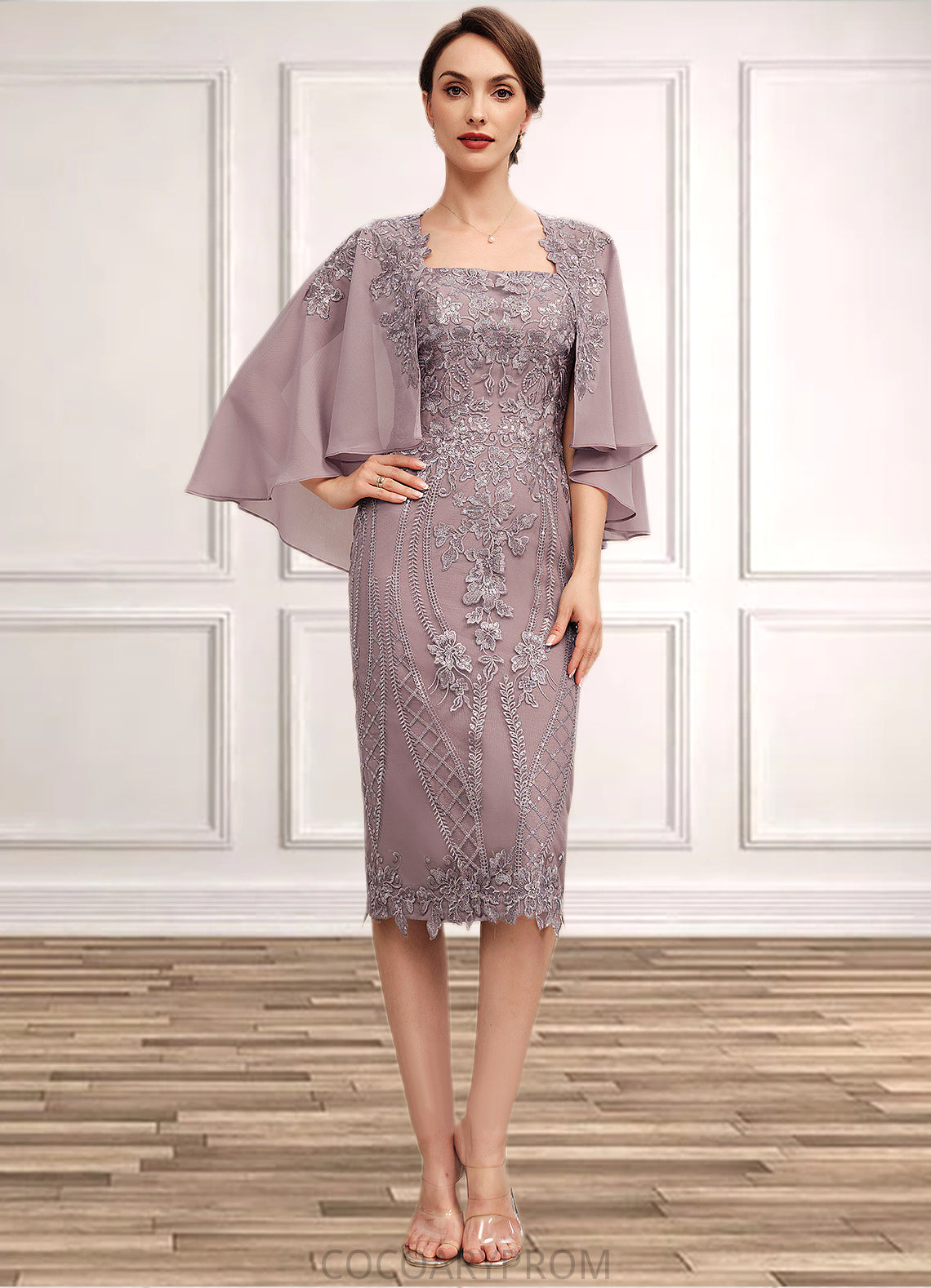 Kate Sheath/Column Square Neckline Knee-Length Chiffon Lace Mother of the Bride Dress With Sequins DA8126P0014653