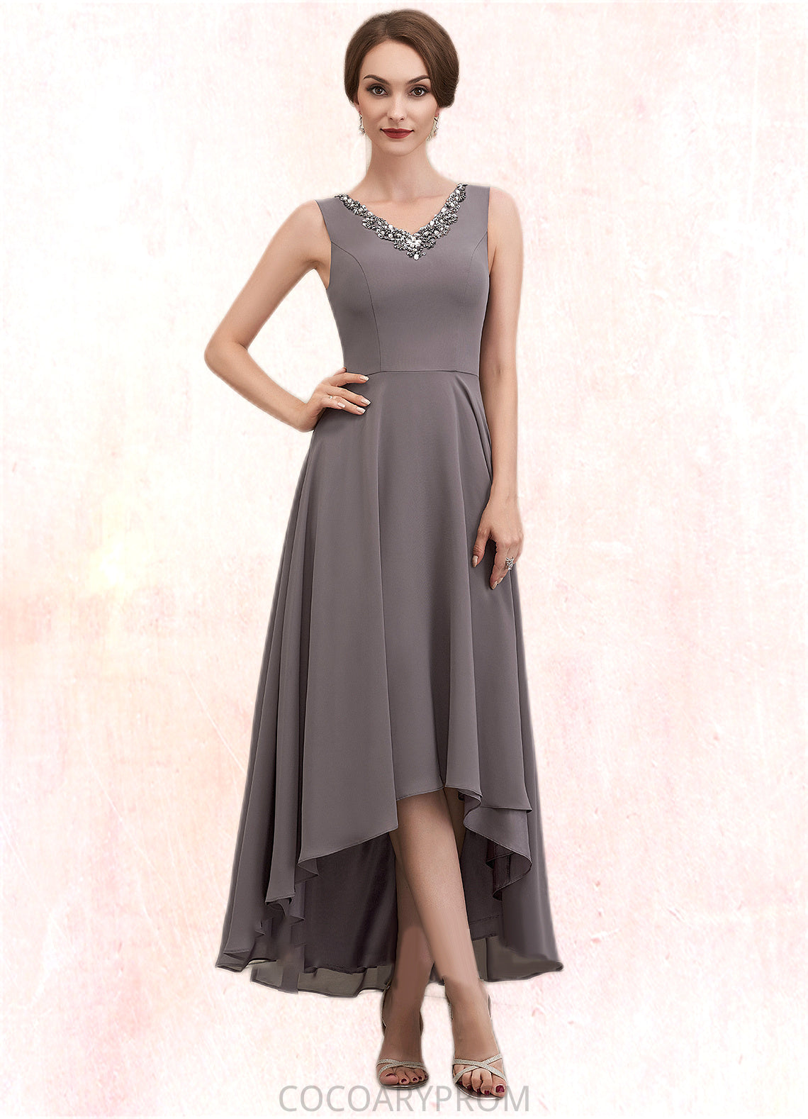 Renee A-line V-Neck Asymmetrical Chiffon Mother of the Bride Dress With Beading Sequins DA8126P0014656