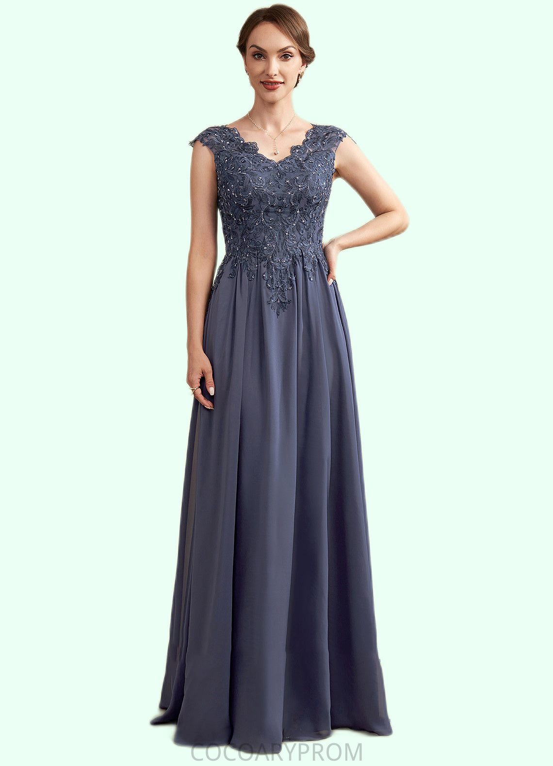 Miriam A-Line V-neck Floor-Length Chiffon Lace Mother of the Bride Dress With Beading Sequins DA8126P0014657