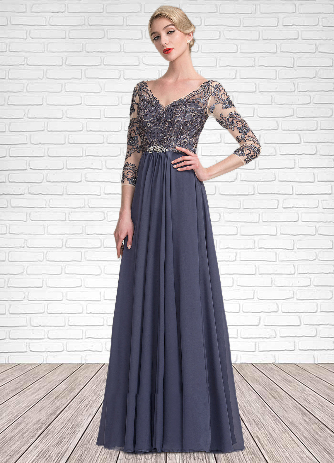 Angeline A-Line V-neck Floor-Length Chiffon Lace Mother of the Bride Dress DA8126P0014659