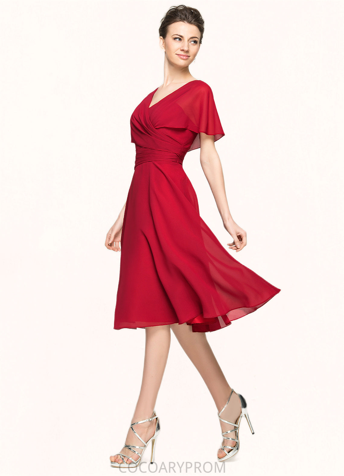 Lila A-Line V-neck Knee-Length Chiffon Mother of the Bride Dress With Ruffle DA8126P0014664