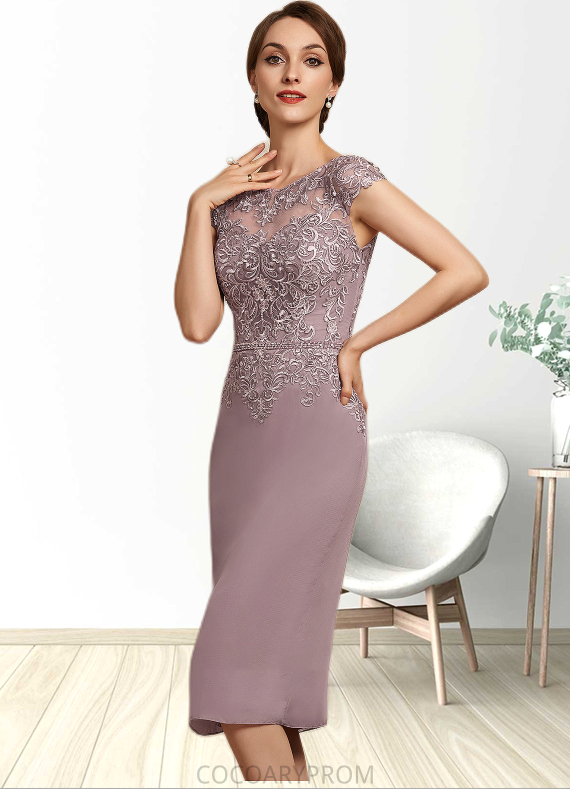 Cheyenne Sheath/Column Scoop Neck Knee-Length Chiffon Lace Mother of the Bride Dress With Beading Sequins DA8126P0014666