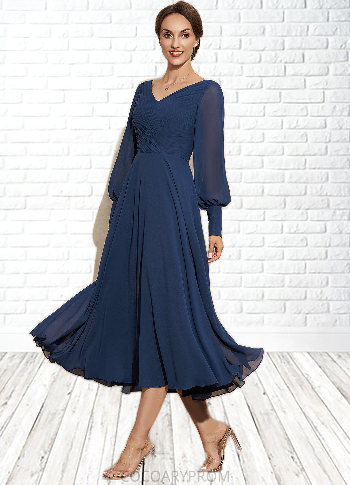 Tatum A-Line V-neck Tea-Length Chiffon Mother of the Bride Dress With Ruffle DA8126P0014669