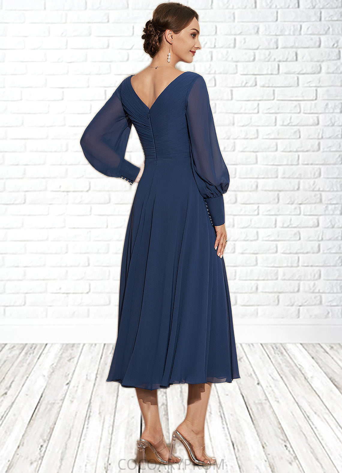 Tatum A-Line V-neck Tea-Length Chiffon Mother of the Bride Dress With Ruffle DA8126P0014669