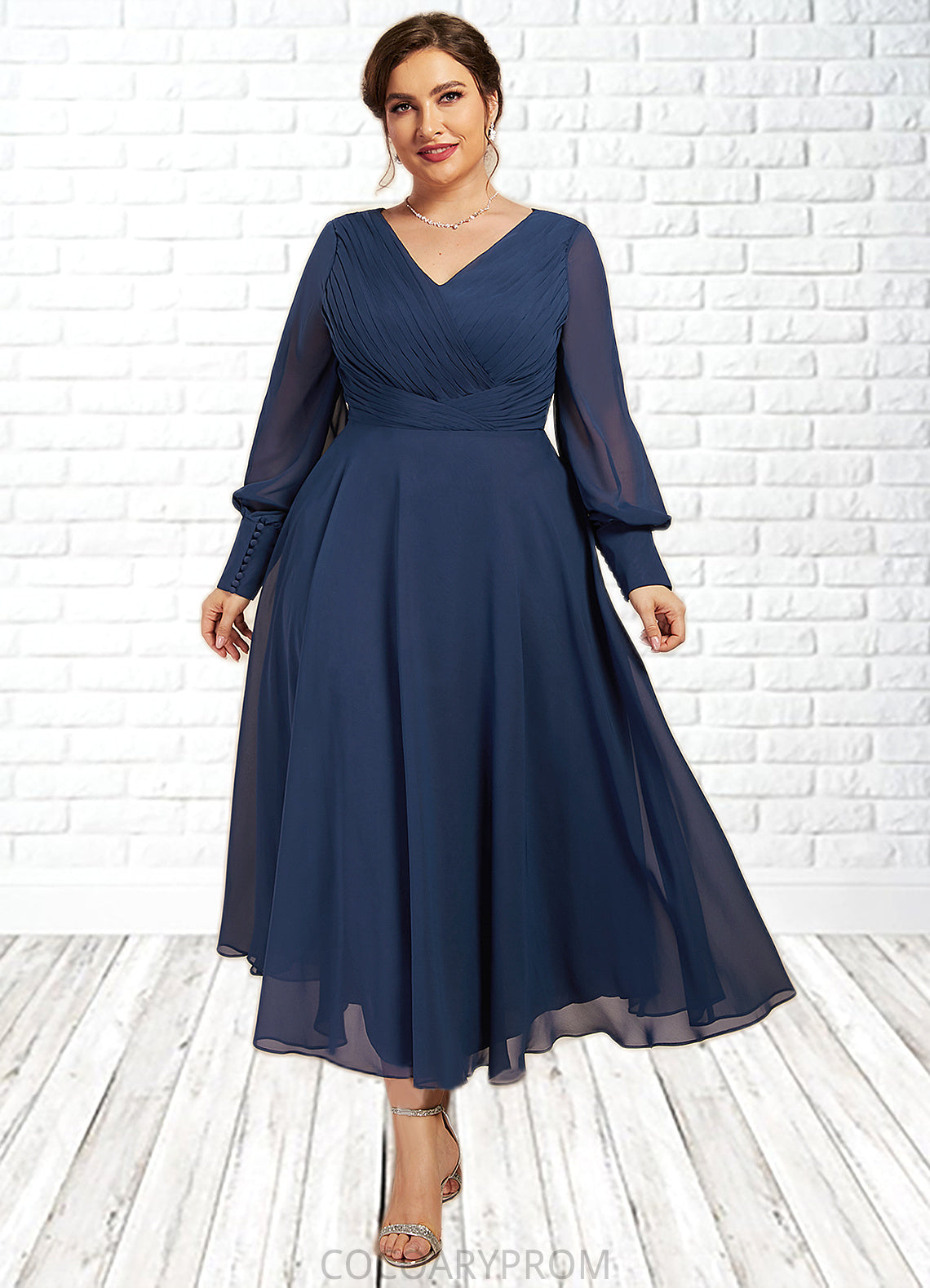 Tatum A-Line V-neck Tea-Length Chiffon Mother of the Bride Dress With Ruffle DA8126P0014669